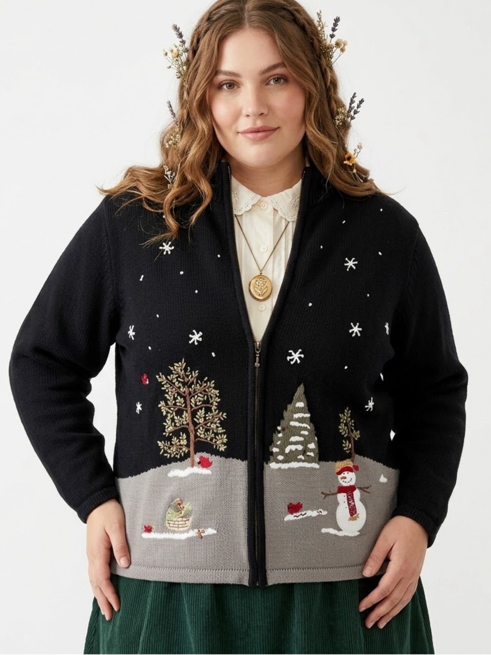 Kitschy Cottagecore Winter Snowman Sweater Embroidered Beaded Grannycore Boho